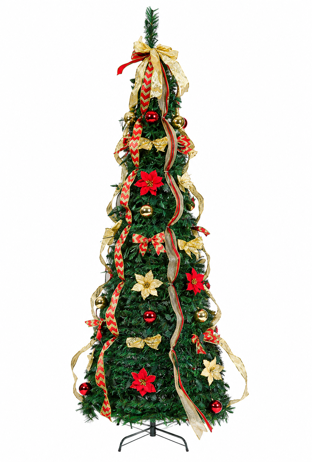 Arbol de Navidad Desplegable 1.8 M + Bolas + Moño + Cinta + Flores
