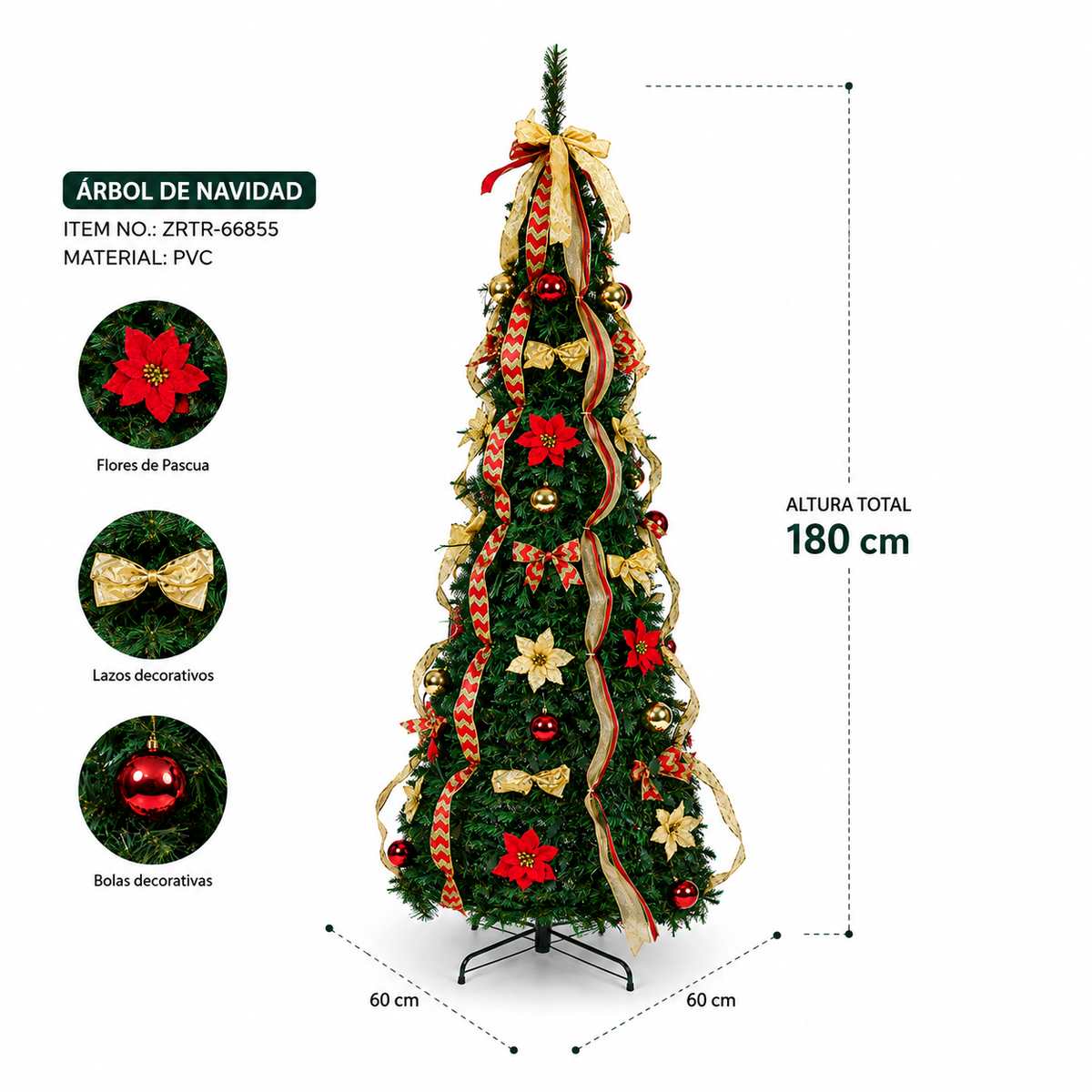 Arbol de Navidad Desplegable 1.8 M + Bolas + Moño + Cinta + Flores