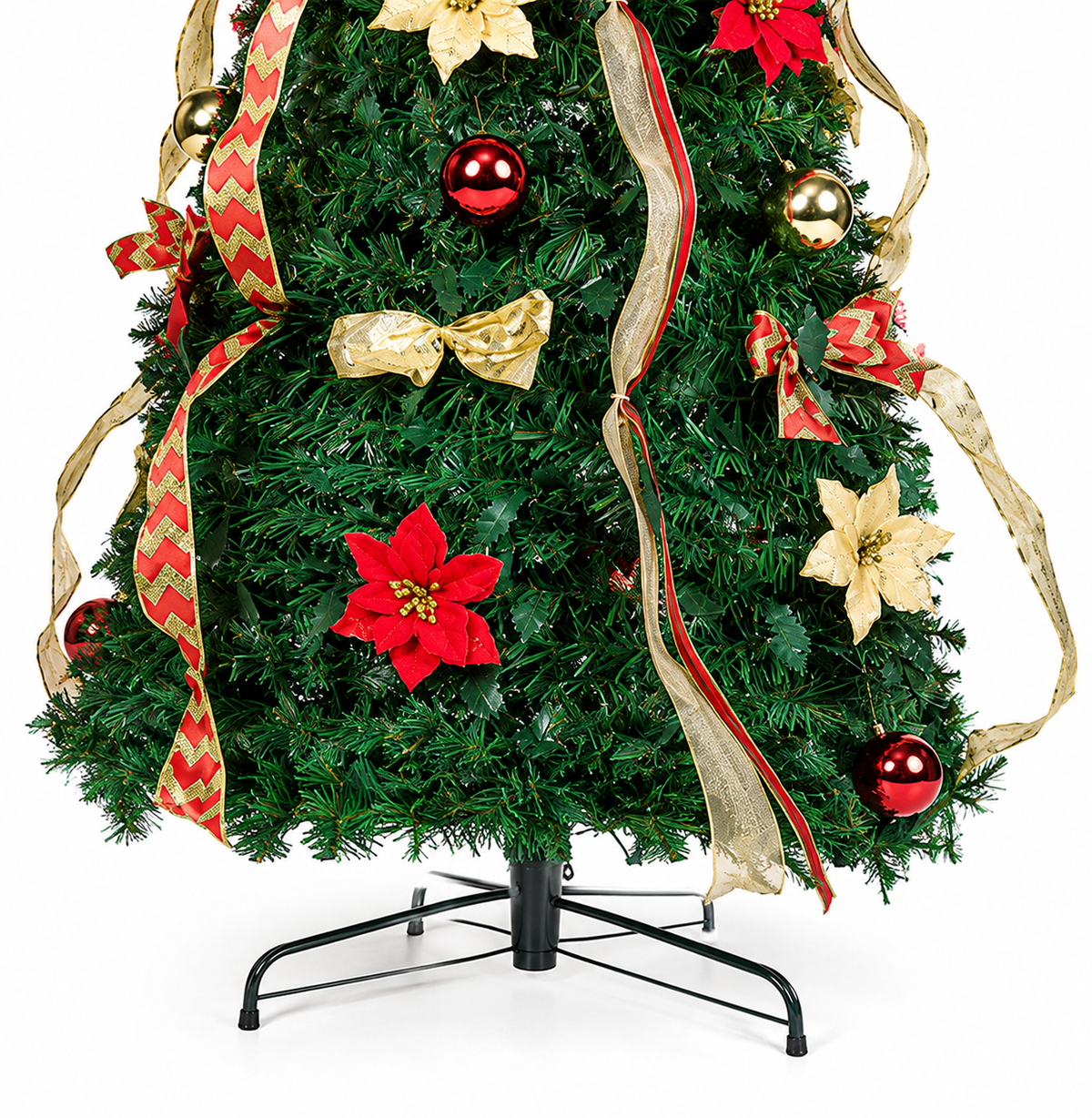 Arbol de Navidad Desplegable 1.8 M + Bolas + Moño + Cinta + Flores
