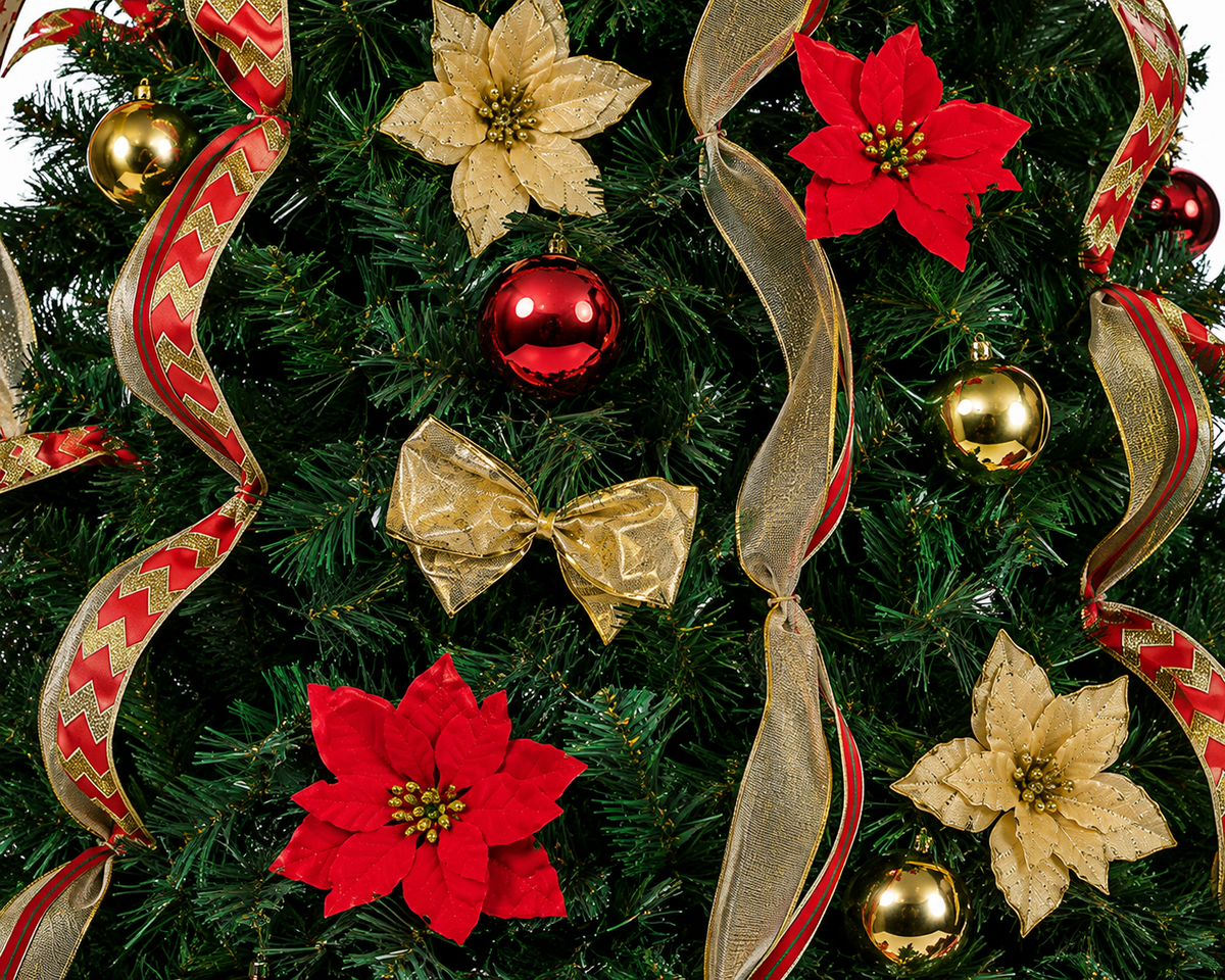 Arbol de Navidad Desplegable 1.8 M + Bolas + Moño + Cinta + Flores