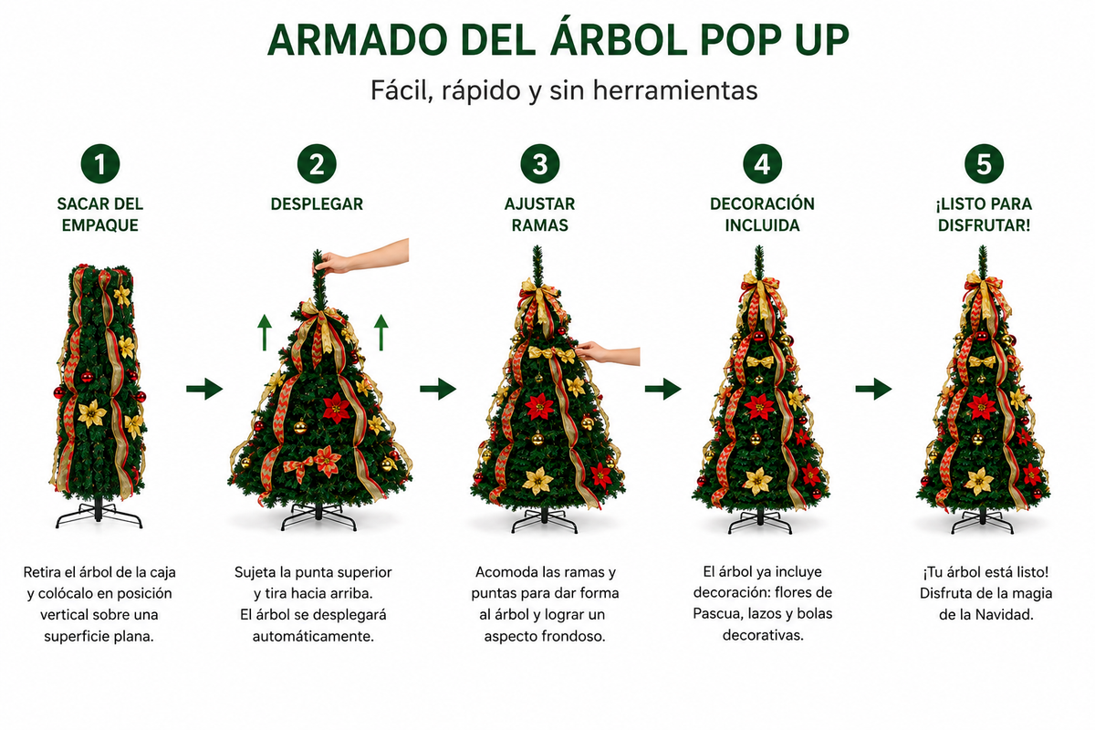 Arbol de Navidad Desplegable 1.8 M + Bolas + Moño + Cinta + Flores