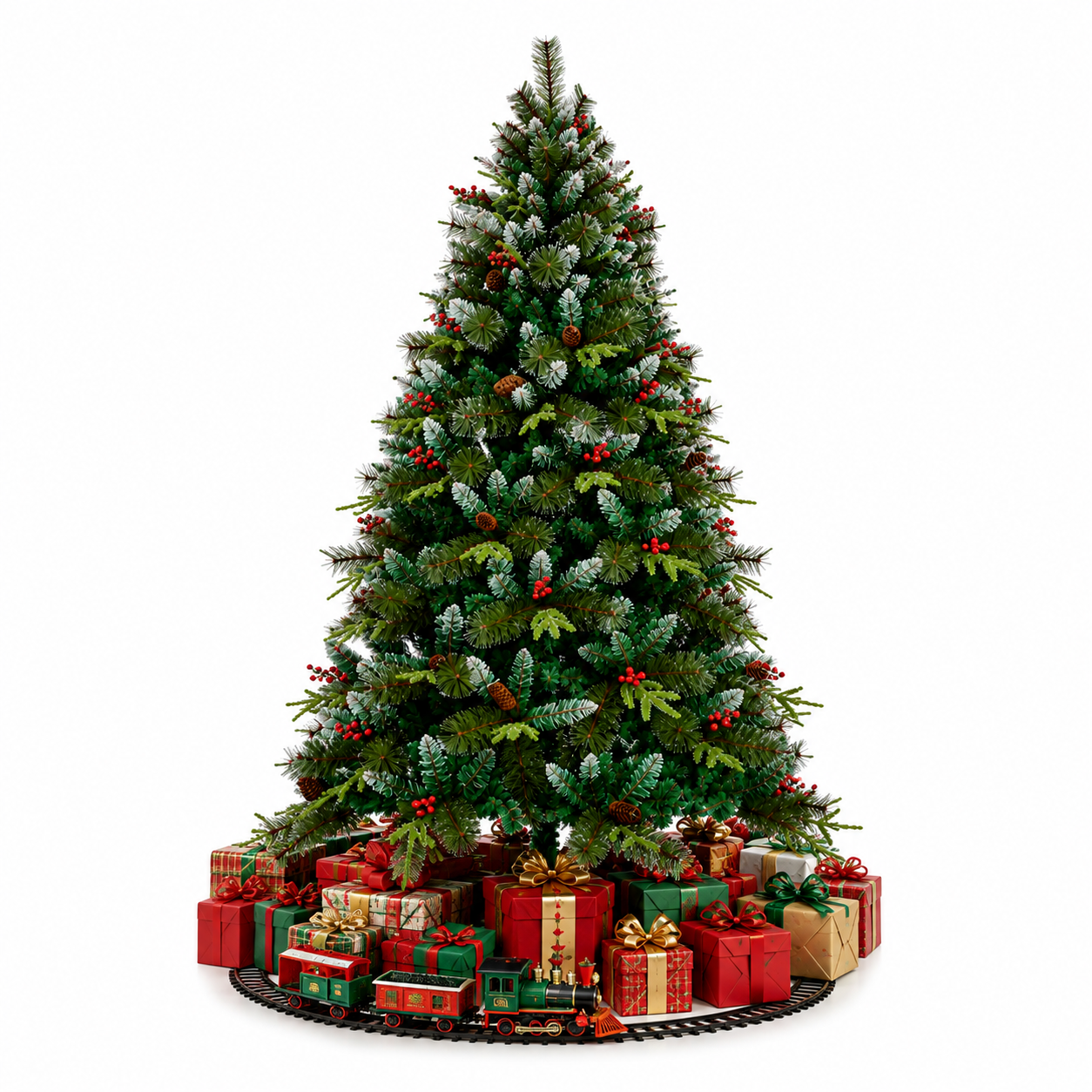 Arbol de Navidad Nevado de 1500 Ramas Fabricado En PVC - PE y  PVC Aguja Altura 2.10 M + Piñas de Pino & Cerezas