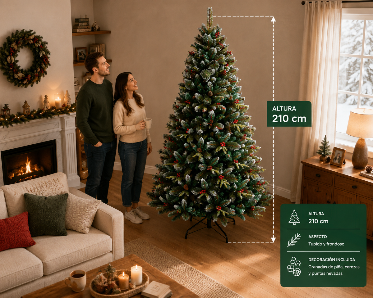 Arbol de Navidad Nevado de 1500 Ramas Fabricado En PVC - PE y  PVC Aguja Altura 2.10 M + Piñas de Pino & Cerezas