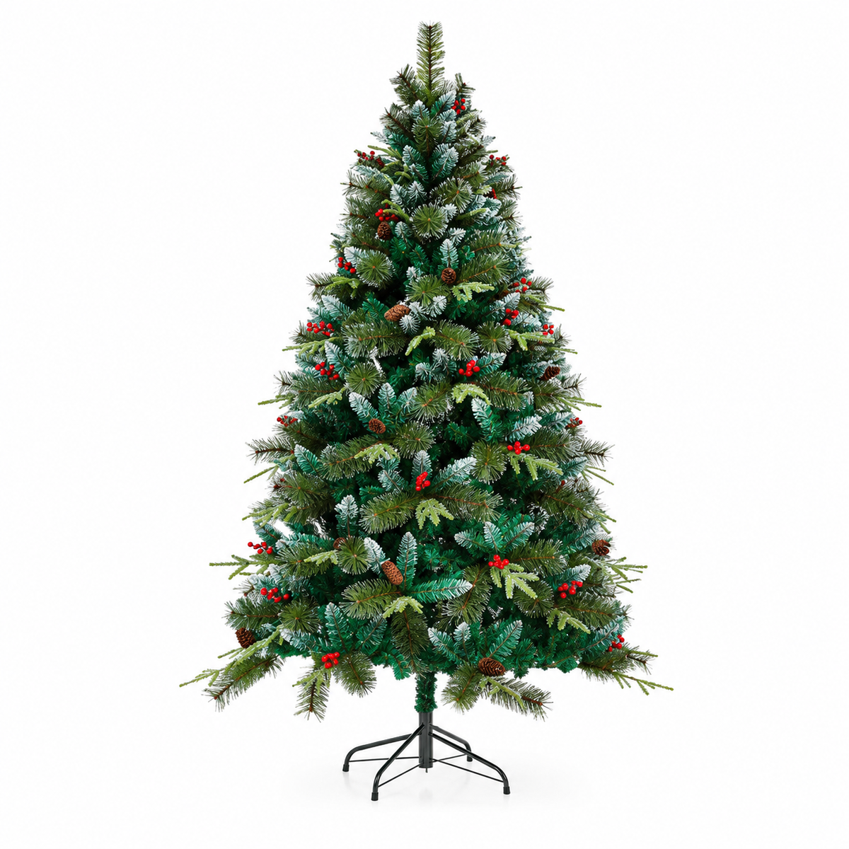 Arbol de Navidad Nevado de 1500 Ramas Fabricado En PVC - PE y  PVC Aguja Altura 2.10 M + Piñas de Pino & Cerezas
