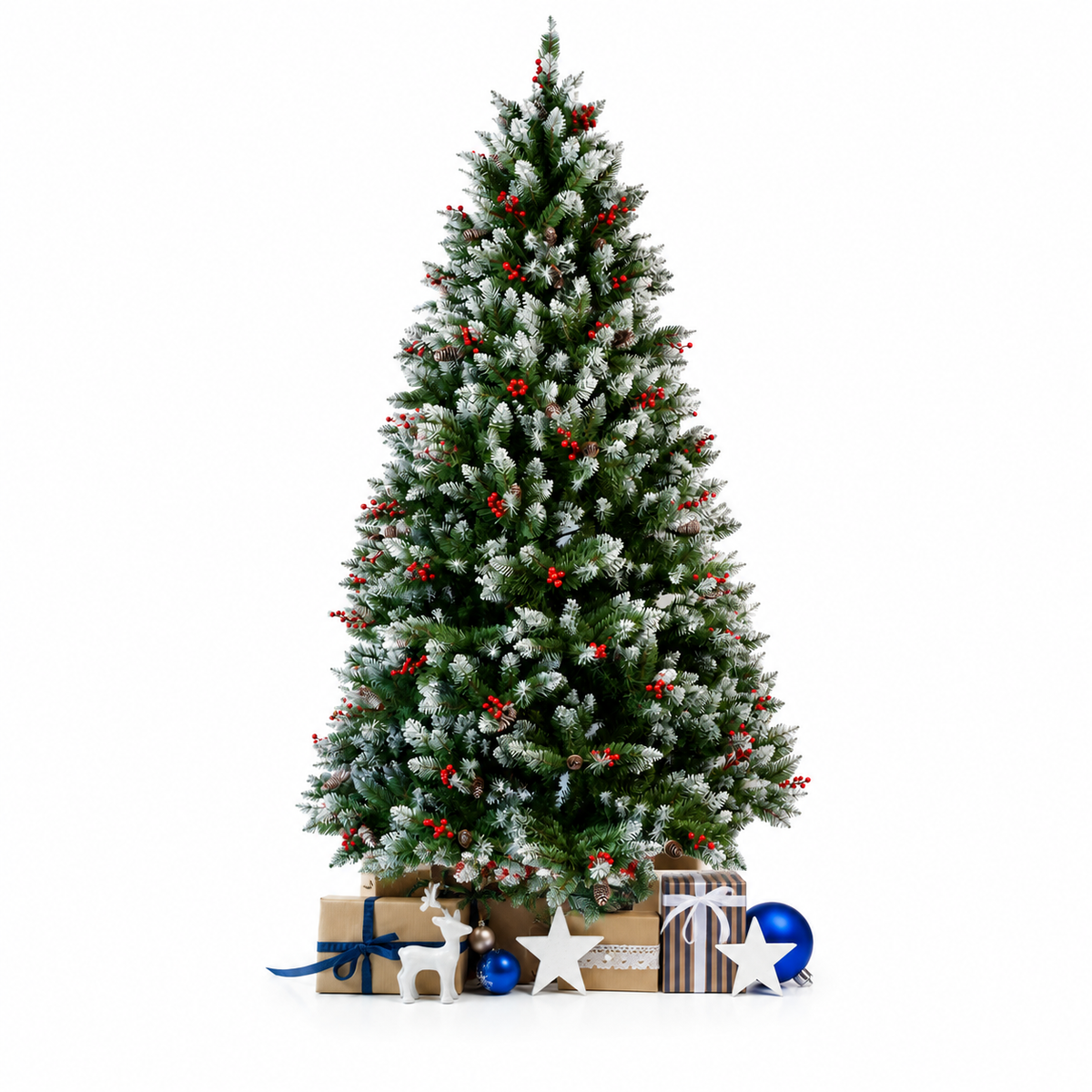 Arbol de Navidad Nevado 1500 Ramas Altura 2.10 M + Piñas de Pino & Cerezas