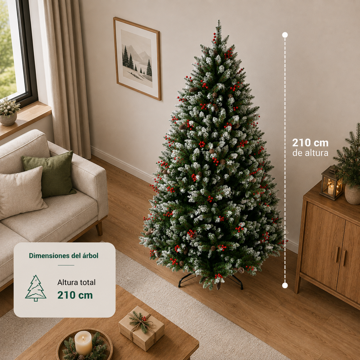 Arbol de Navidad Nevado 1500 Ramas Altura 2.10 M + Piñas de Pino & Cerezas