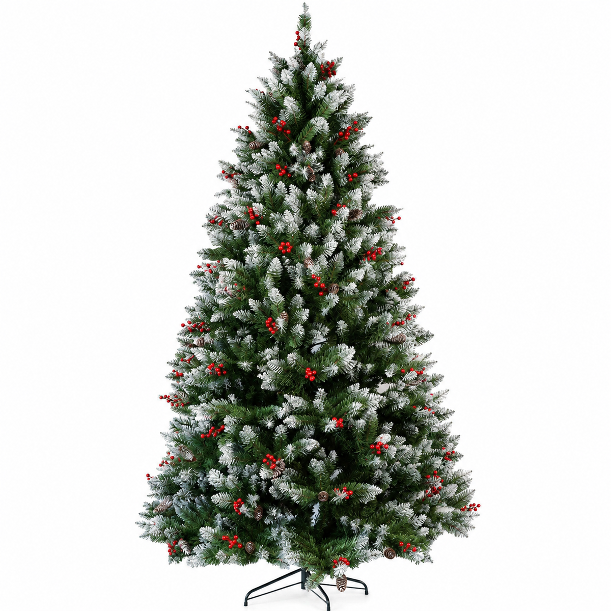 Arbol de Navidad Nevado 1500 Ramas Altura 2.10 M + Piñas de Pino & Cerezas