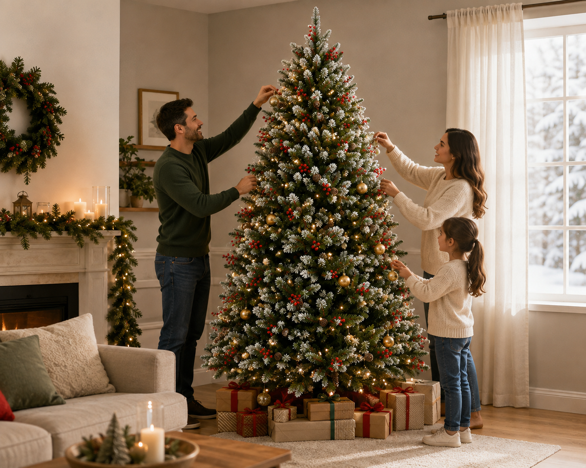 Arbol de Navidad Nevado 1500 Ramas Altura 2.10 M + Piñas de Pino & Cerezas
