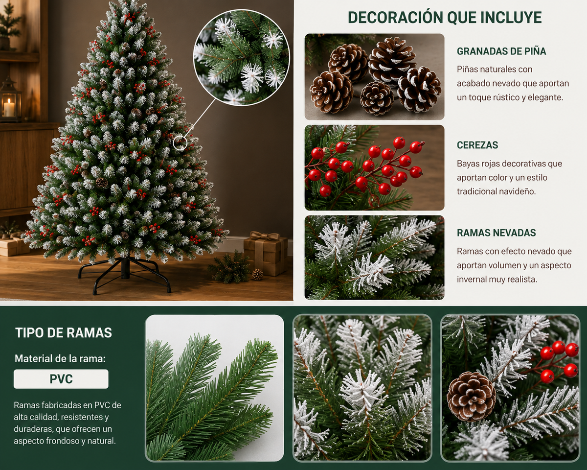Arbol de Navidad Nevado 1500 Ramas Altura 2.10 M + Piñas de Pino & Cerezas