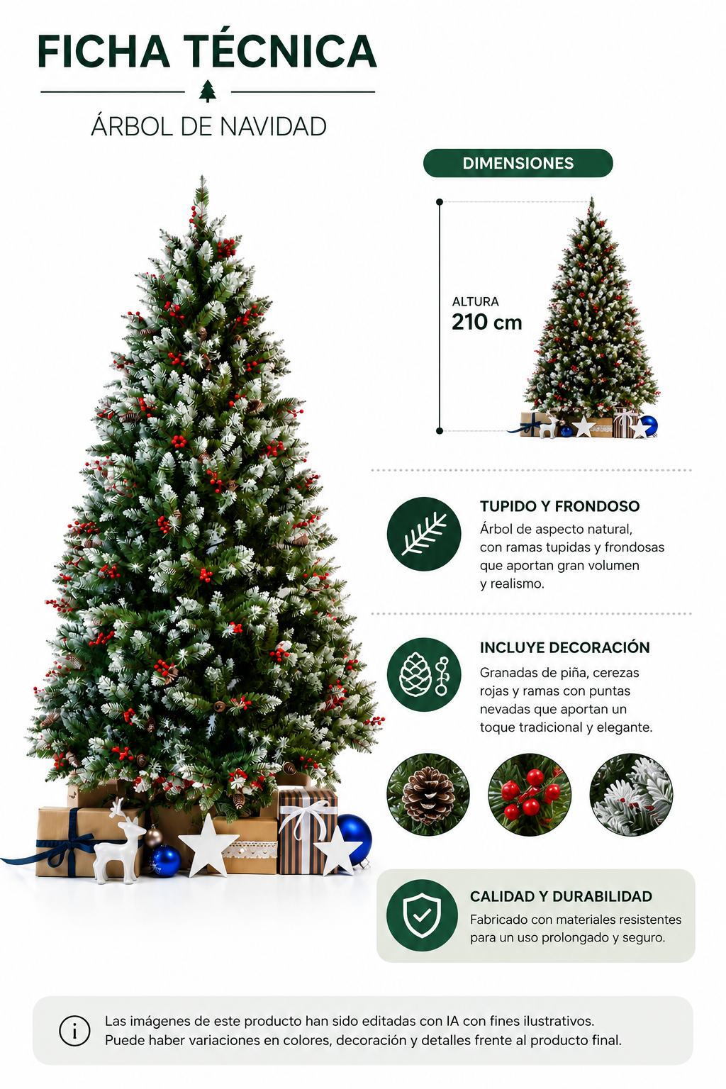 Arbol de Navidad Nevado 1500 Ramas Altura 2.10 M + Piñas de Pino & Cerezas