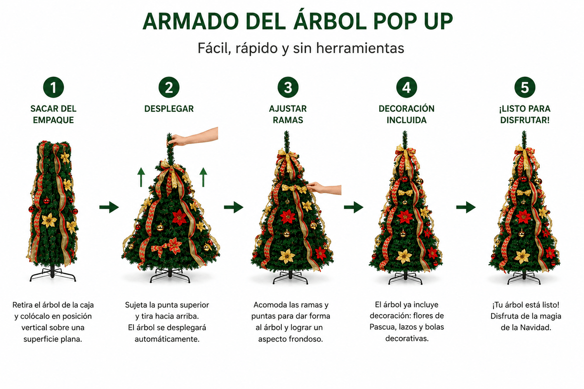 Arbol de Navidad Desplegable 1.8 M + Bolas + Moño + Cinta + Flores - Árbol de Navidad - Homesale | HS-AN180POP