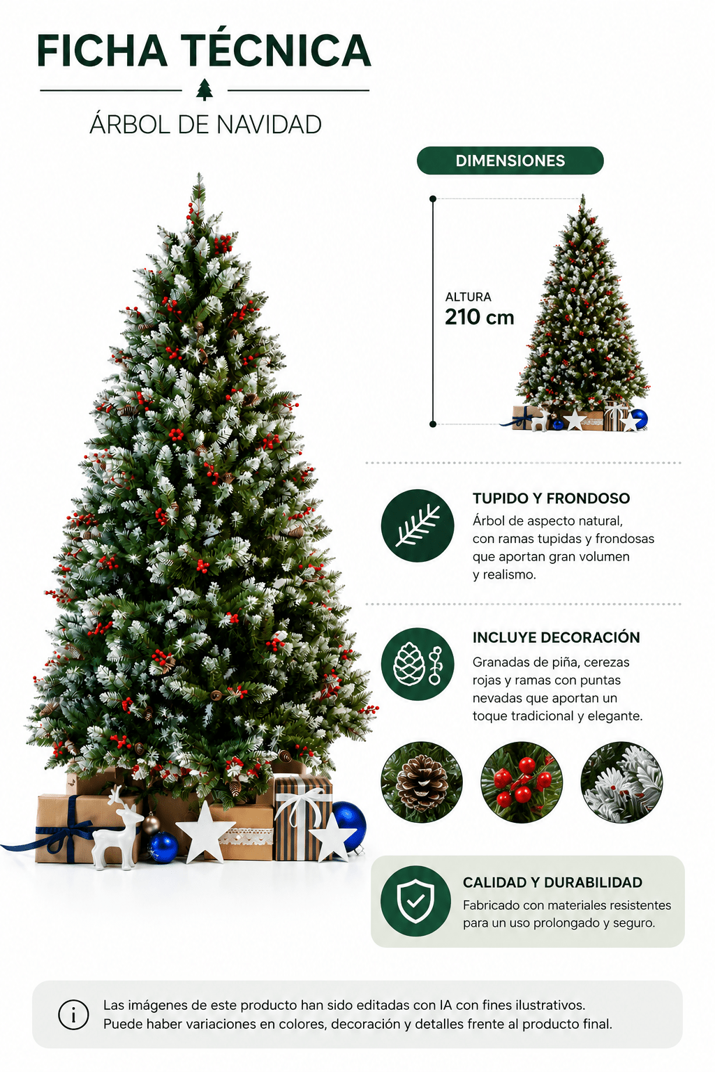 Arbol de Navidad Nevado 1500 Ramas Altura 2.10 M + Piñas de Pino & Cerezas - Árbol de Navidad - Homesale | HS-AN210NV