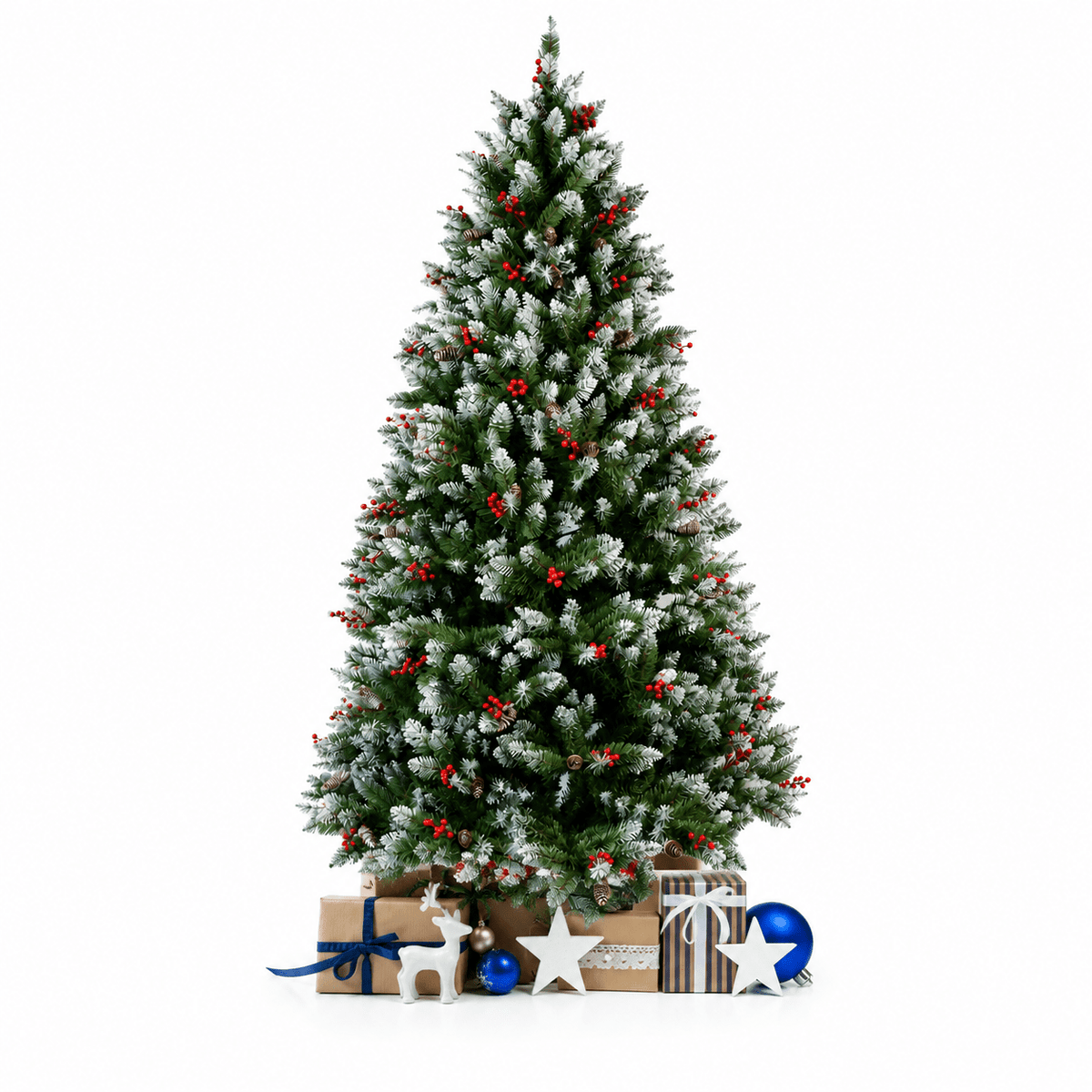 Arbol de Navidad Nevado 1500 Ramas Altura 2.10 M + Piñas de Pino & Cerezas - Árbol de Navidad - Homesale | HS-AN210NV