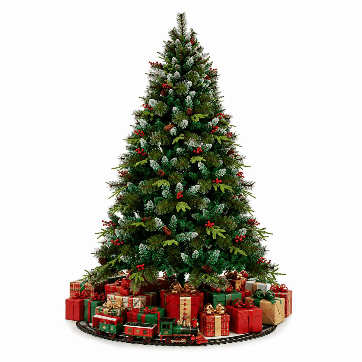 Arbol de Navidad Nevado de 1500 Ramas Fabricado En PVC - PE y PVC Aguja Altura 2.10 M + Piñas de Pino & Cerezas - Árbol de Navidad - Homesale | HS-AN210N