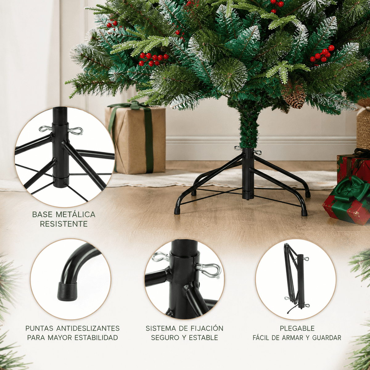 Arbol de Navidad Nevado de 1500 Ramas Fabricado En PVC - PE y PVC Aguja Altura 2.10 M + Piñas de Pino & Cerezas - Árbol de Navidad - Homesale | HS-AN210N