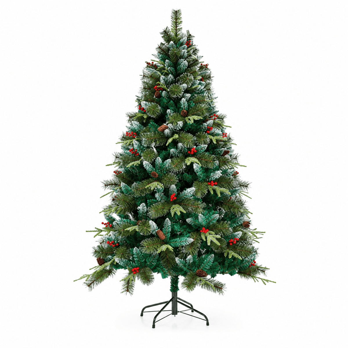 Arbol de Navidad Nevado de 1500 Ramas Fabricado En PVC - PE y PVC Aguja Altura 2.10 M + Piñas de Pino & Cerezas - Árbol de Navidad - Homesale | HS-AN210N