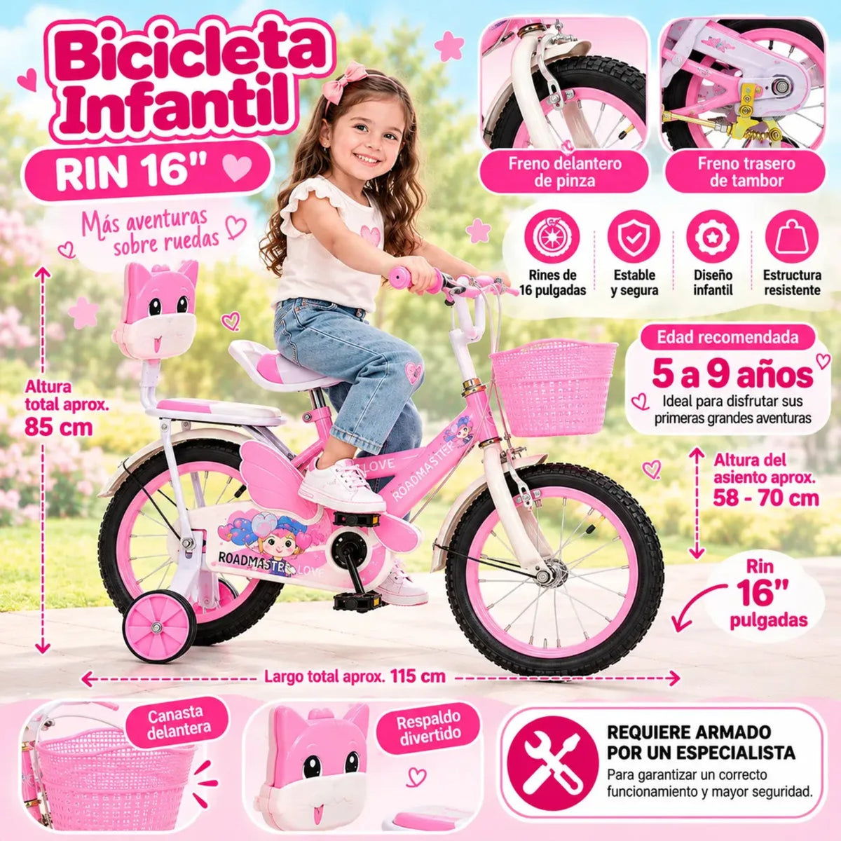 Bicicleta Infantil Roadmaster Rin 16 para Niña con Canasto y Ruedas de Apoyo - Bicicletas - Roadmaster | HS-BIR16P