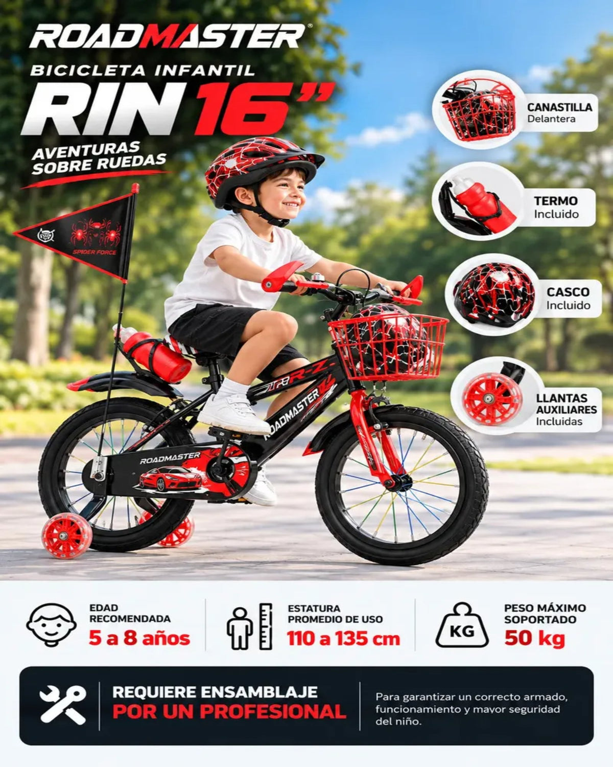 Bicicleta Infantil Roadmaster Rin 16 para Niño con Canasto y Ruedas de Apoyo - Bicicletas - Roadmaster | HS-BIR16R