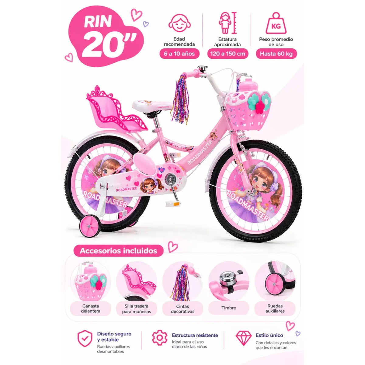 Bicicleta Infantil Roadmaster Rin 20 para Niña con Canasto y Ruedas de Apoyo - Bicicletas - Roadmaster | HS-BIR20P