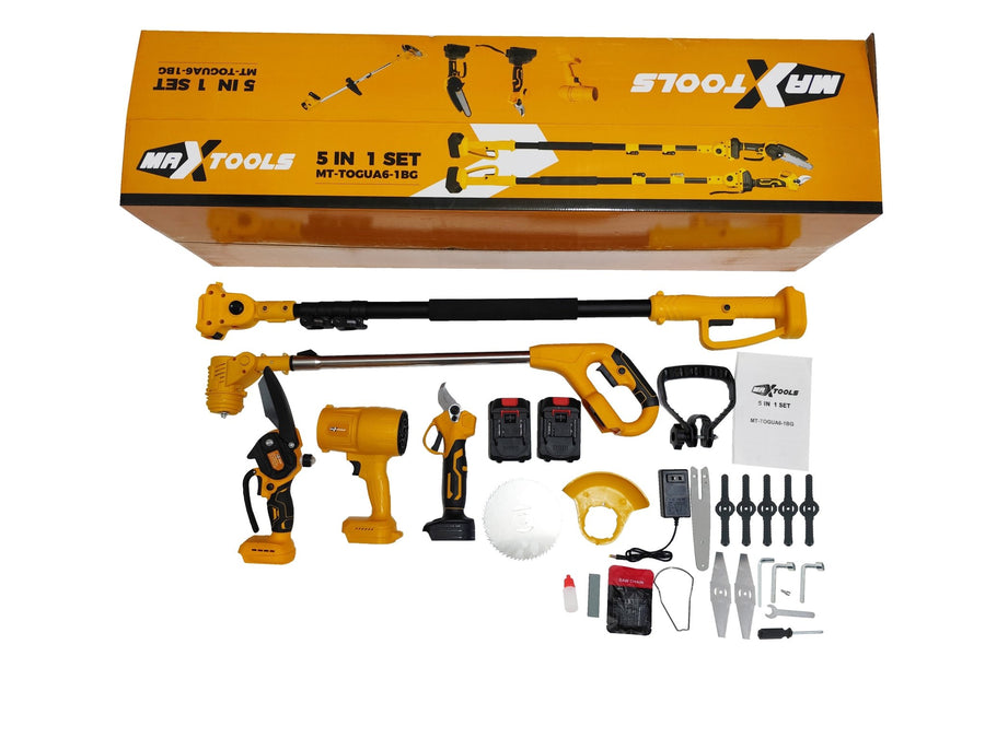 Guadañadora Inalámbrica 5 en 1 Maxtools 24V + 2 Baterías – Desbrozadora, Motosierra, Poda en Altura, Tijera Eléctrica y Sopladora