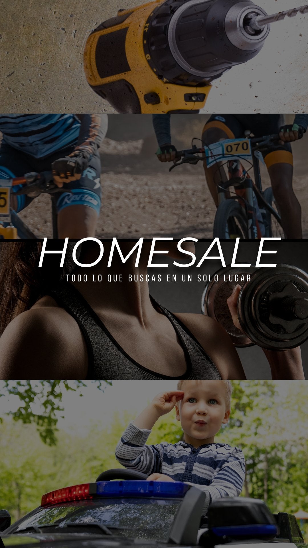 Banner principal de Home Sale S.A.S mostrando equipos de gimnasio, bicicletas Roadmaster y GW, juguetes eléctricos, y herramientas de mano, destacando la variedad y calidad de los productos disponibles en nuestra tienda online.