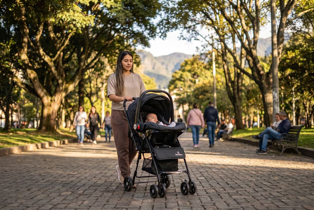 Madre paseando con coche de bebe en un parque de Bogota