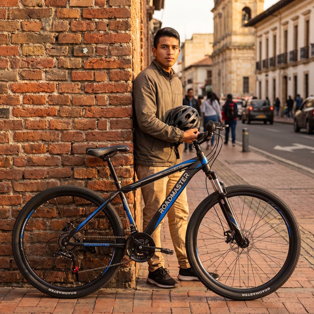 Ciclista con bicicleta Roadmaster en una calle de Bogota