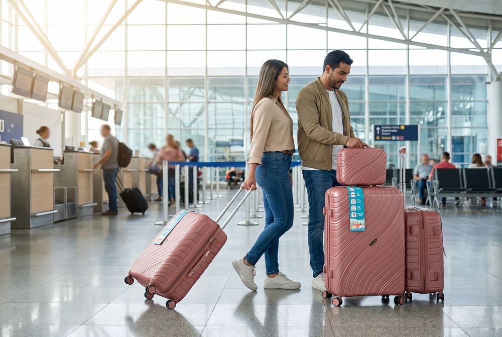 Pareja con set de maletas de viaje en el aeropuerto