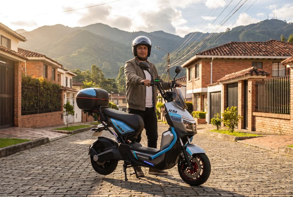 Persona con bicicleta electrica Roadmaster en una calle colombiana