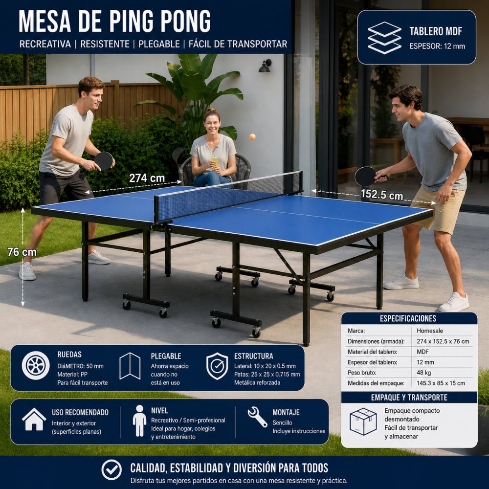 Mesa De Ping Pong Profesional 12mm Color Azul claro Con Ruedas - mesa ping pong - Homesale | HS-PPMPAZ12MM