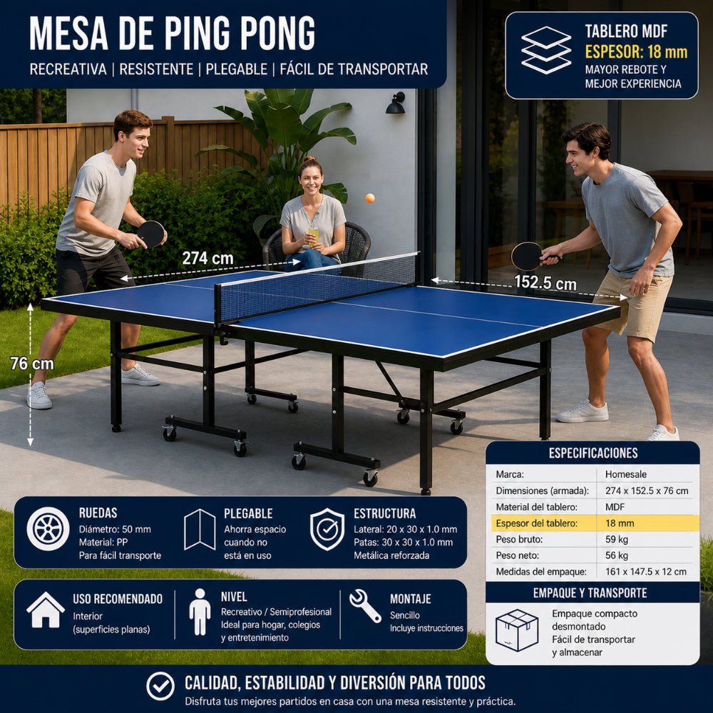 Mesa De Ping Pong Profesional 18mm Color Azul claro Con Ruedas - mesa ping pong - Homesale | HS-PPMPAZ18MM
