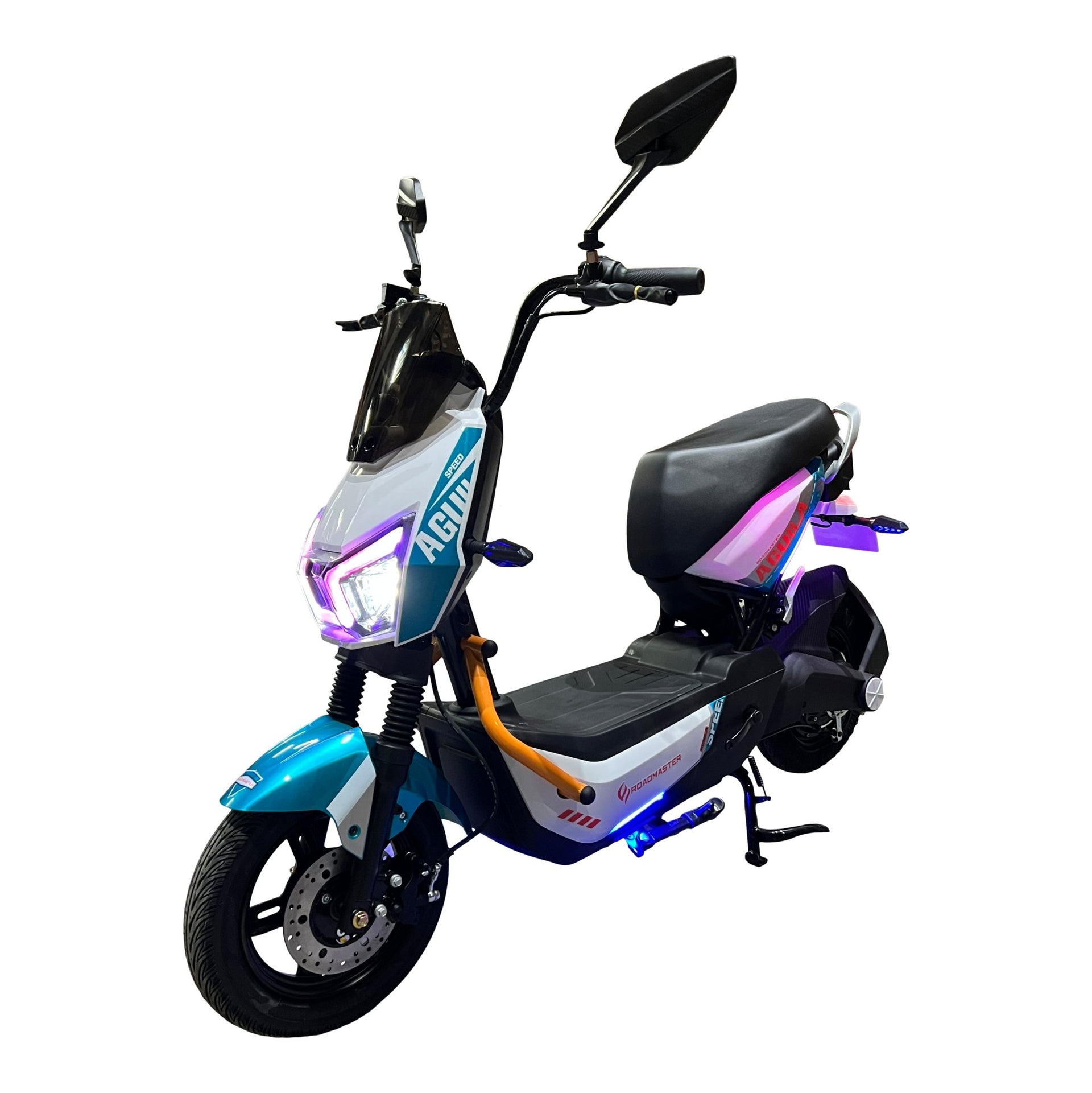 Moto Eléctrica Roadmaster Águila 45kmh 800Watts Freno Hidráulico Blanco Verde Naranja