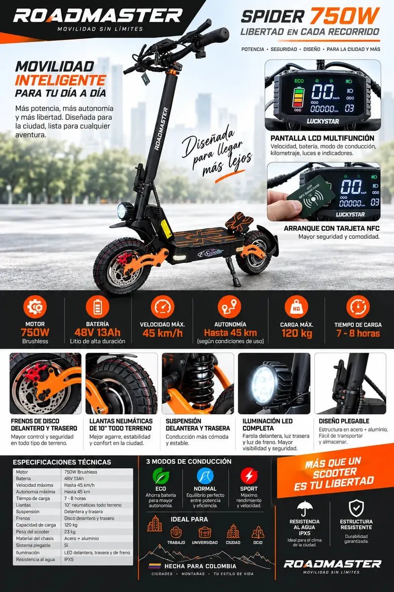 Patineta Scooter Electrica Marca: Roadmaster Modelo: Spider 750Watts Con Doble Suspension y F. Disco - Patinetas Eléctricas - Roadmaster | HS-SCRMSP