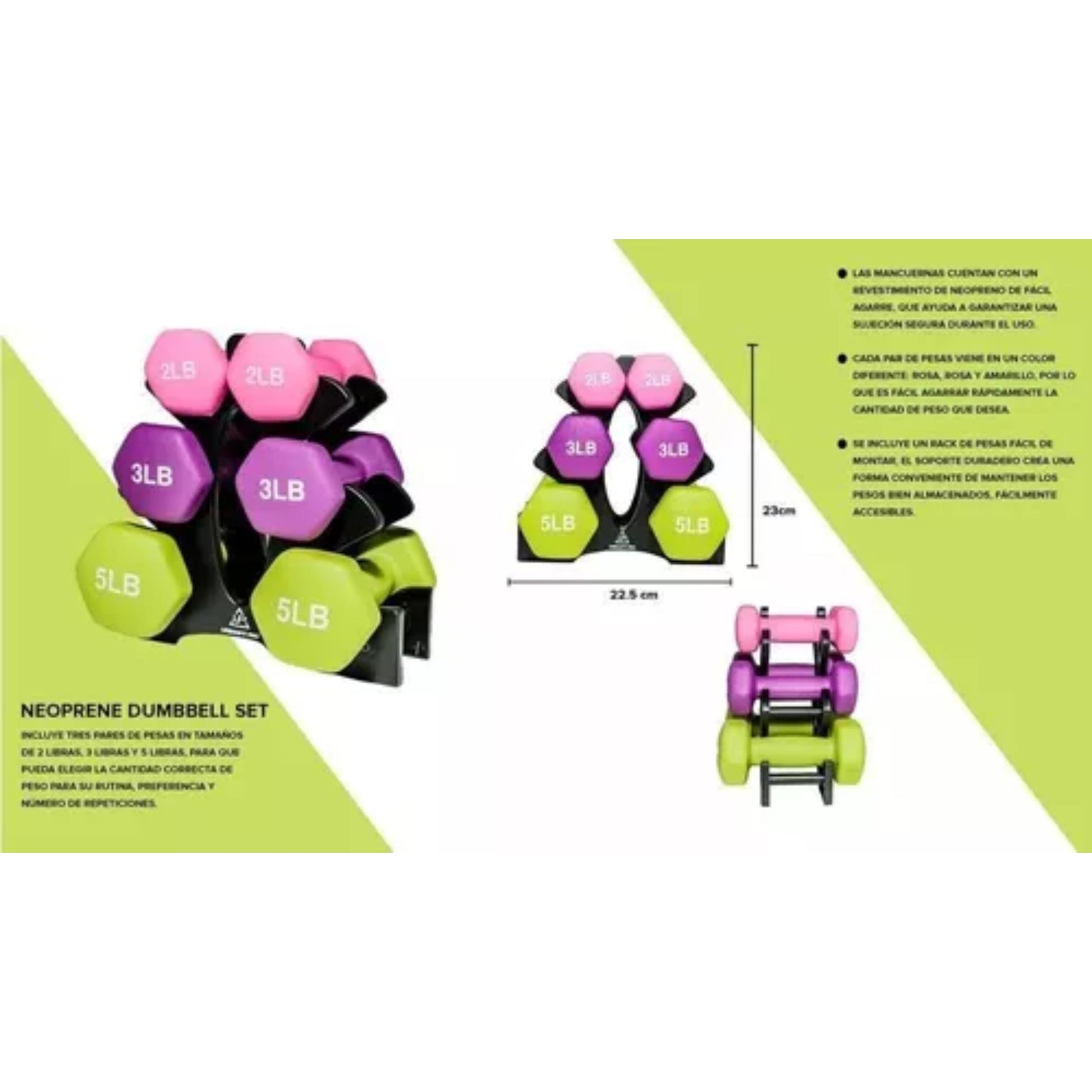 Set Kit Mancuernas Pesas 2, 3 Y 5 Lbs Forro Neopreno Y Soporte - Fitness - Homesale | HS - PEMV123