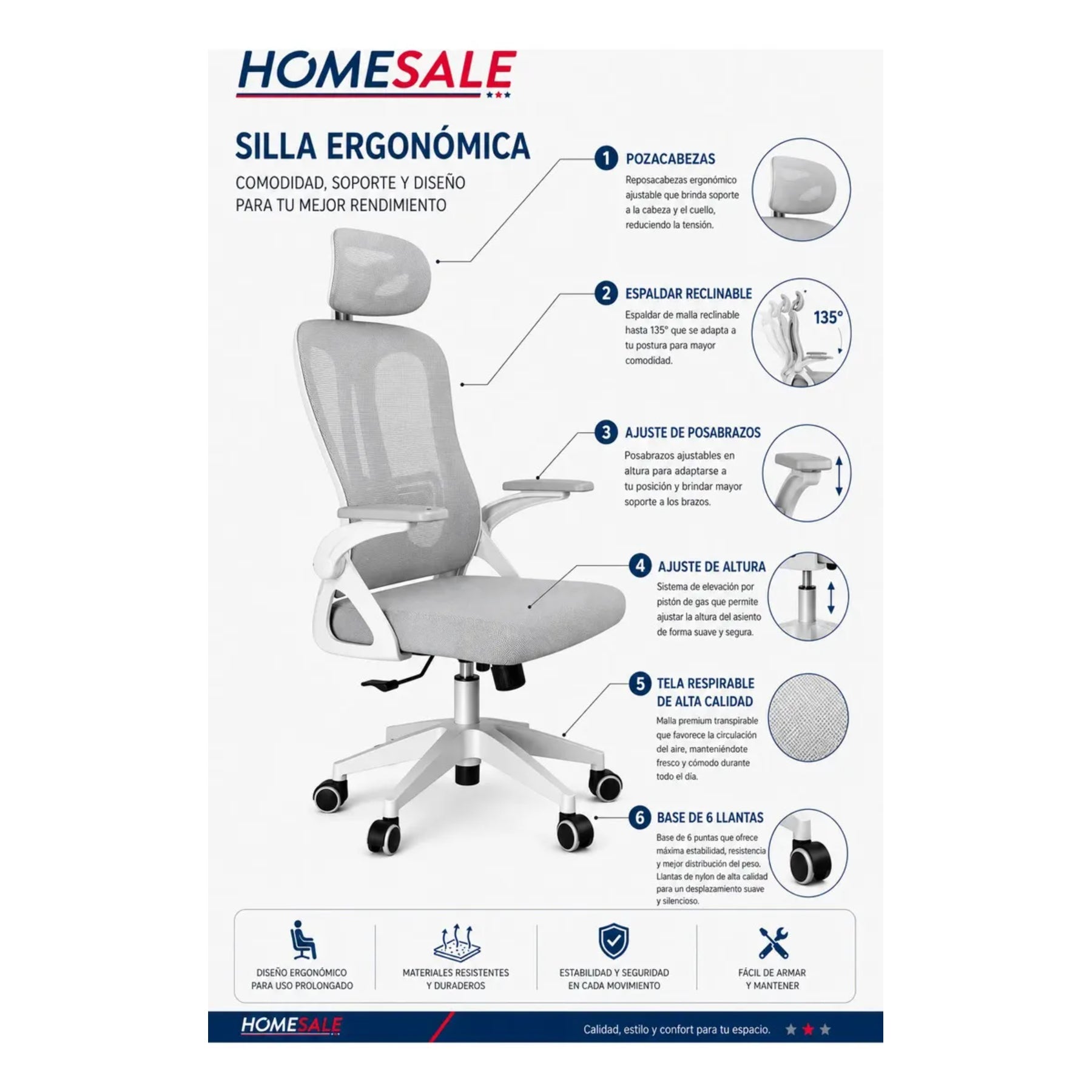 Silla Oficina Ergonomica Reclinable Ajuste Altura Posacabeza Gris Nylon / Policarbonato / Metal - moviliario - Homesale | HS-SIOFNY01BG