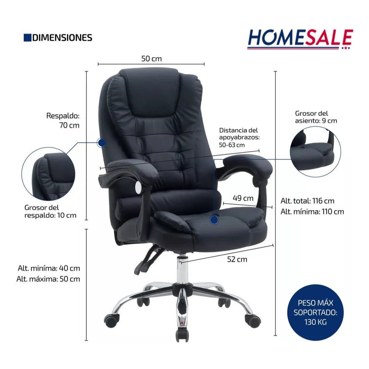 Silla Para Oficina sillón Gerencial Ecocuero Reclinable Altura Regulable - moviliario - Homesale | HS-SIOFCUECBK