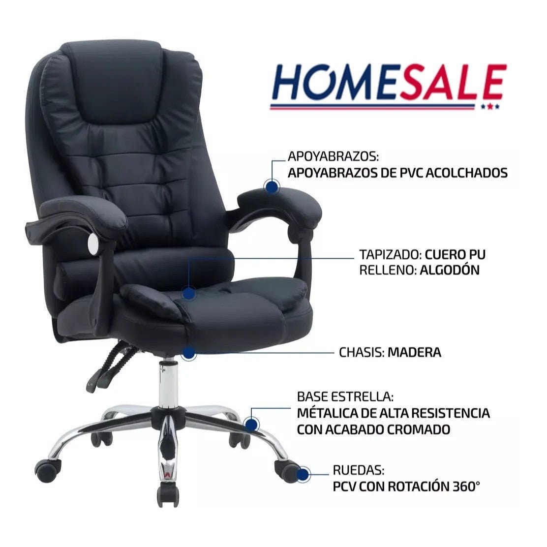 Silla Para Oficina sillón Gerencial Ecocuero Reclinable Altura Regulable - moviliario - Homesale | HS-SIOFCUECBK