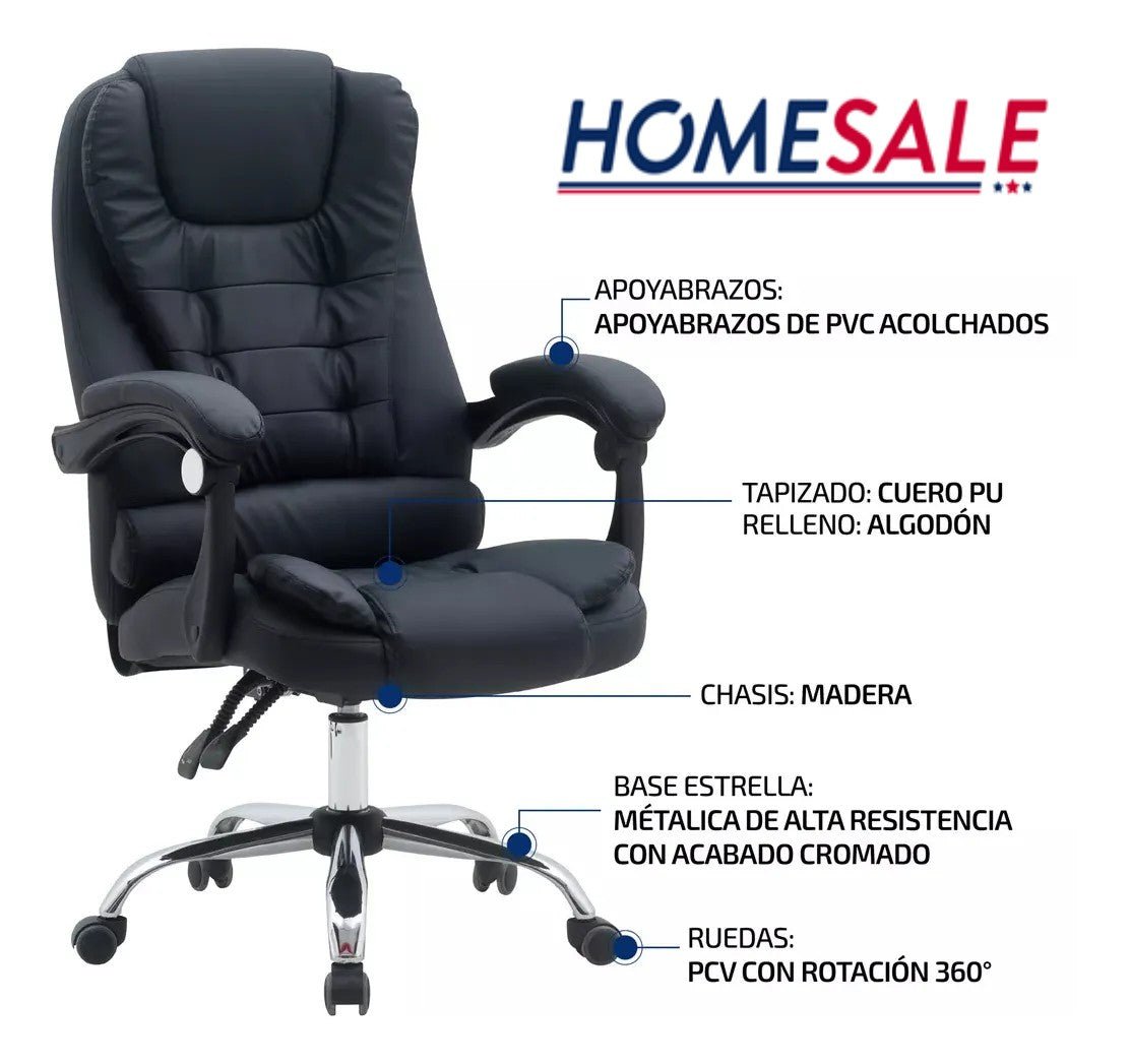 Silla Para Oficina sillón Gerencial Ecocuero Reclinable Altura Regulable - moviliario - Homesale | HS - SIOFCUECBK